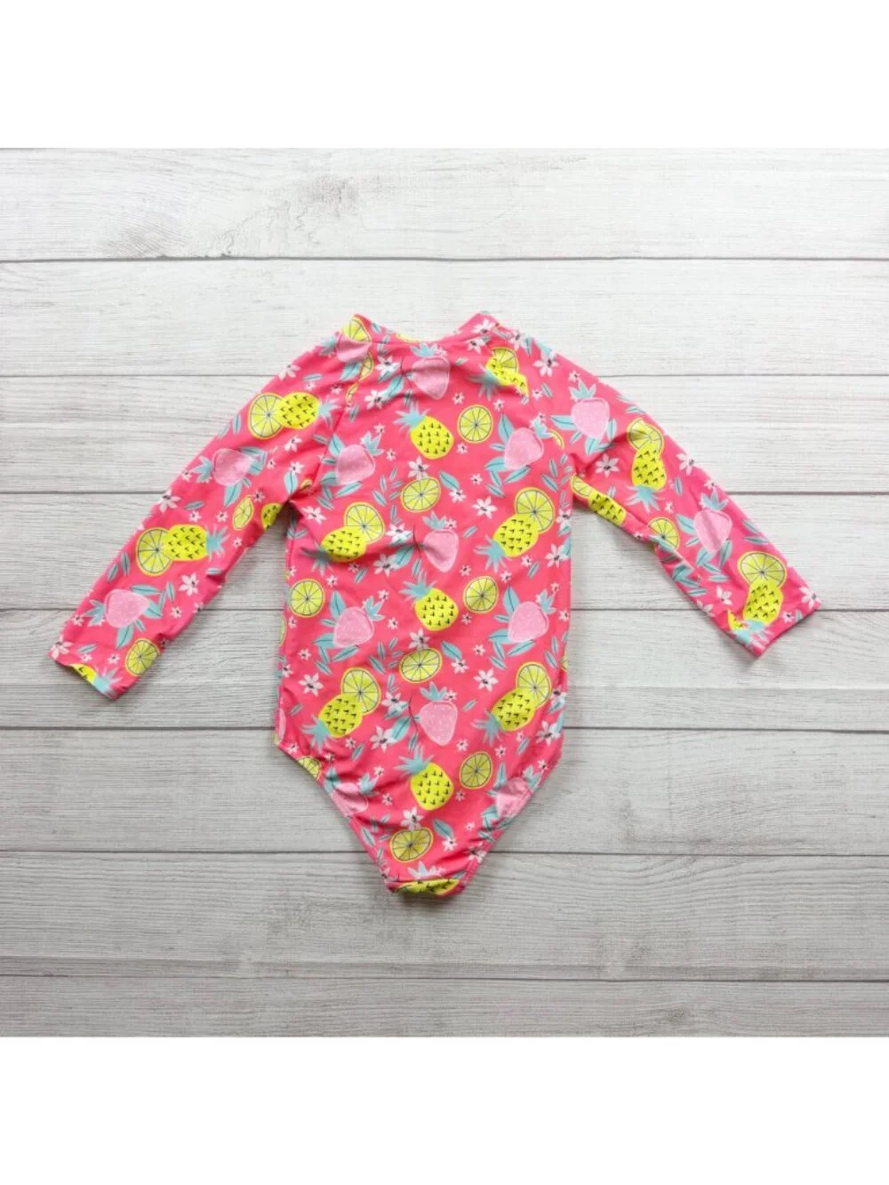 Berkley Jensen Girls One Piece Long Sleeve Swimsuit Pink Fruit Print UPF 50+ 7-8